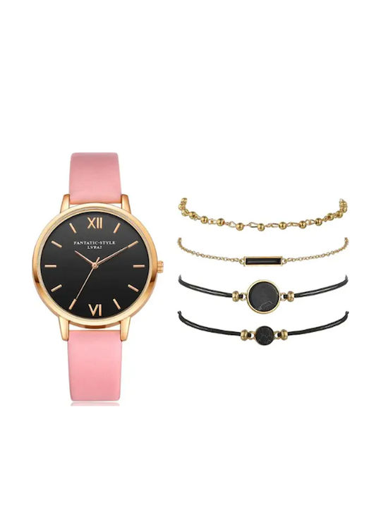 Set Womens Battery Watch With Black Leather Strap