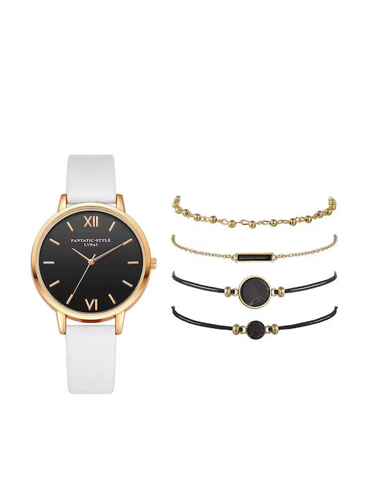 Set Womens Battery Watch With Black Leather Strap