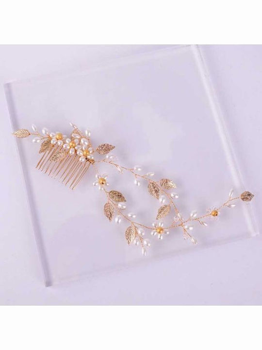 Bridal Hair Comb Leaves Pearls Beads Gold Evelyn
