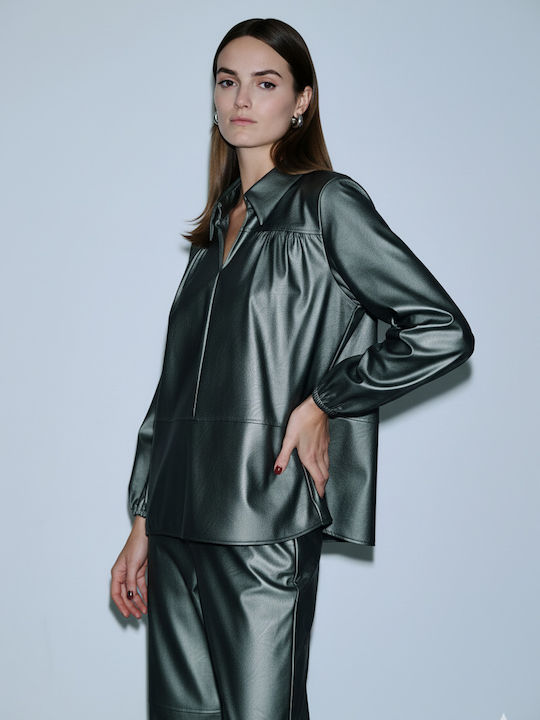 Women's Blouse Leather with V Neckline Gray