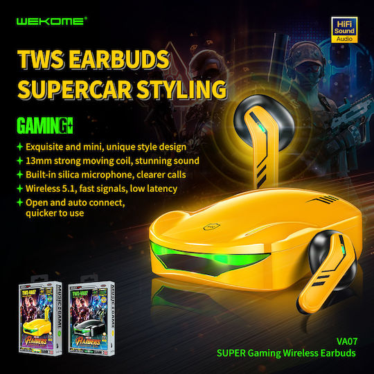 WK TWS-VA07 Earbud Bluetooth Handsfree Ακουστικά με Θήκη Φόρτισης Κίτρινα