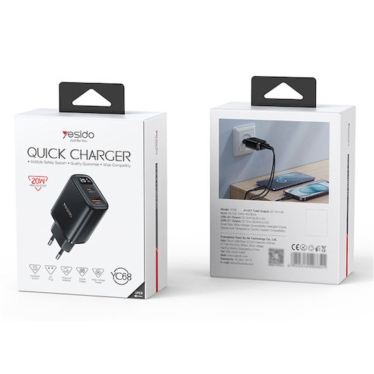 Yesido Charger Without Cable with USB-A Port and USB-C Port 20W Blacks (YC68)