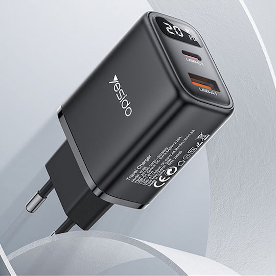 Yesido Charger Without Cable with USB-A Port and USB-C Port 20W Blacks (YC68)