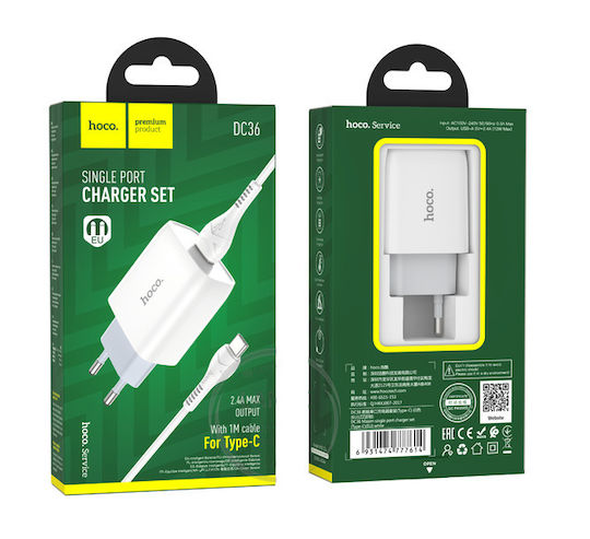 Hoco Ladegerät mit USB-A-Anschluss und USB-C-Kabel 12 W Quick Charge 3.0 / Power Delivery / PPS / Quick Charge 2.0 Weiß (DC36)