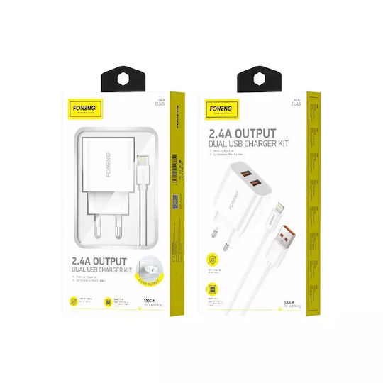 Foneng Încărcător cu 2 Porturi USB-A și Cablu Lightning Albς (EU45)