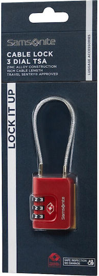 Samsonite Cablelock 3 Dial Steel Padlock with Cable Combination with TSA Certification 35mm Red 1pcs