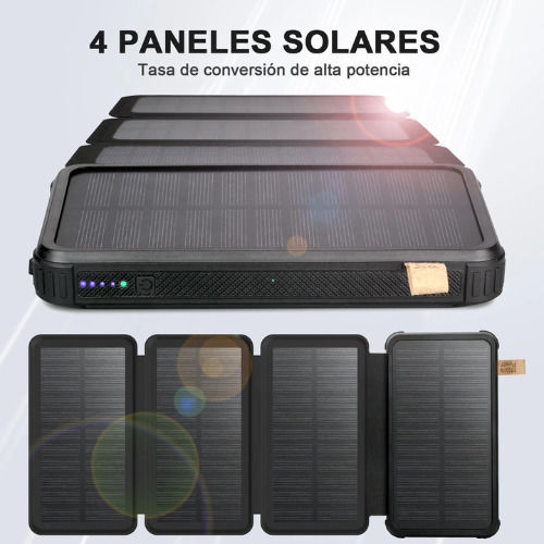Solar Power Bank 4 Foldable Panels 10000 Mah Flashlight Black