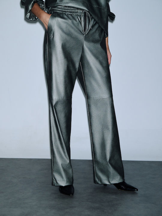 Women's High-waisted Fabric Trousers with Elastic in Loose Fit Gray