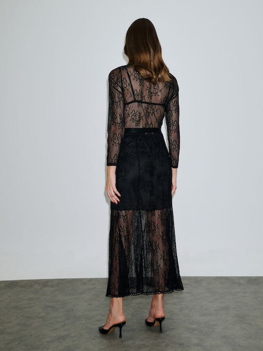 Leather Midi Skirt Floral Black