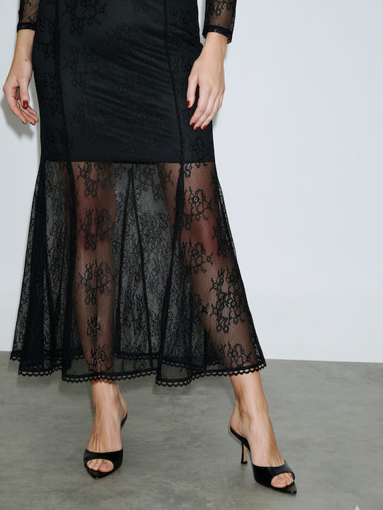 Leather Midi Skirt Floral Black