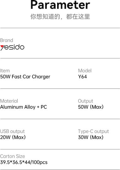 Yesido Автомобилен Зарядно Устройство 20W За Бързо Зареждане С Портове 1xUSB-A 1xType-C Черен Цвят
