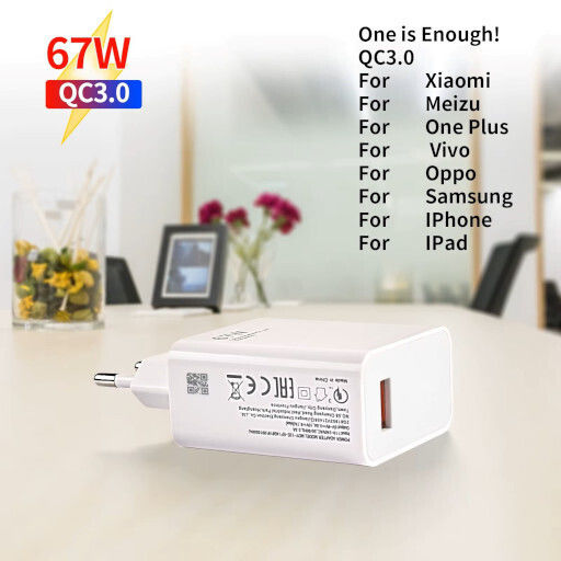 Mobile Phone Charger With USB-A Port And USB-C Cable 67W Power Delivery SuperCharge White (EV-PS1067)