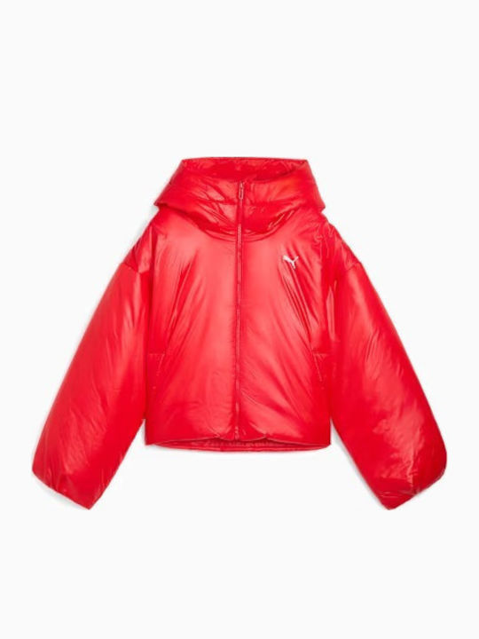 Women's Short Puffer Jacket for Winter with Hood For All Time Red