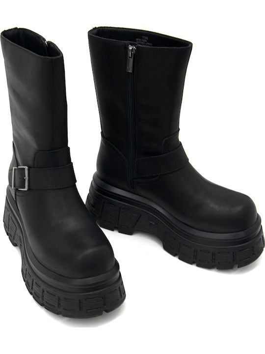 Seek Leather Women's Biker Boots with Medium Heel Black