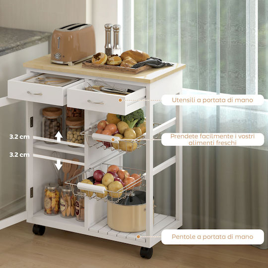 HomCom Τρόλεϊ Κουζίνας Ξύλινο 2 Θέσεων Λευκό 67x35x80cm