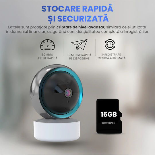 Cameră Rotativă Wireless Full HD 1080p Video Cameră Audio Rotire 360° Viziune Nocturnă cu Infraroșu Detectare Mișcare Sunet Audio Bidirecțional WiFi 2.4GHz 4 Utilizatori iOS Android Stocare Cloud Neagră