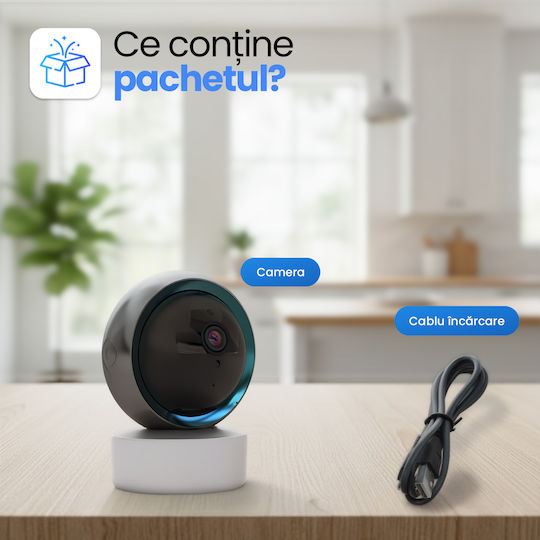 Cameră Rotativă Wireless Full HD 1080p Video Cameră Audio Rotire 360° Viziune Nocturnă cu Infraroșu Detectare Mișcare Sunet Audio Bidirecțional WiFi 2.4GHz 4 Utilizatori iOS Android Stocare Cloud Neagră