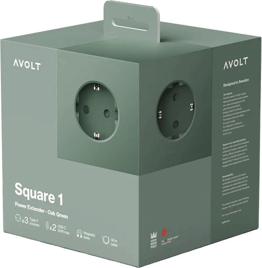 AVOLT PowerCube 3 Positionen mit USB-C und Kabel 3m Grün