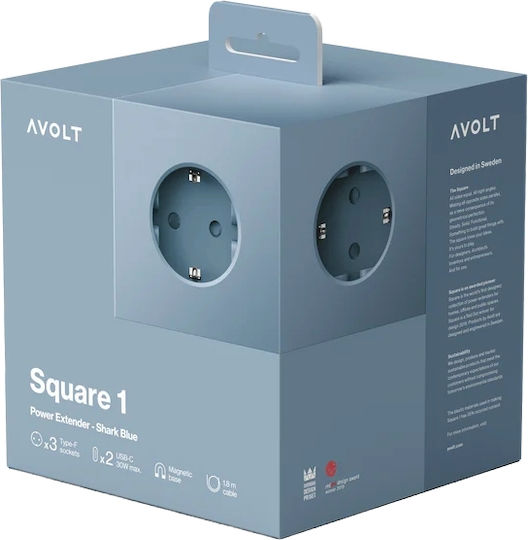 AVOLT PowerCube 3 Позиции с USB-C и Кабел 3м Син