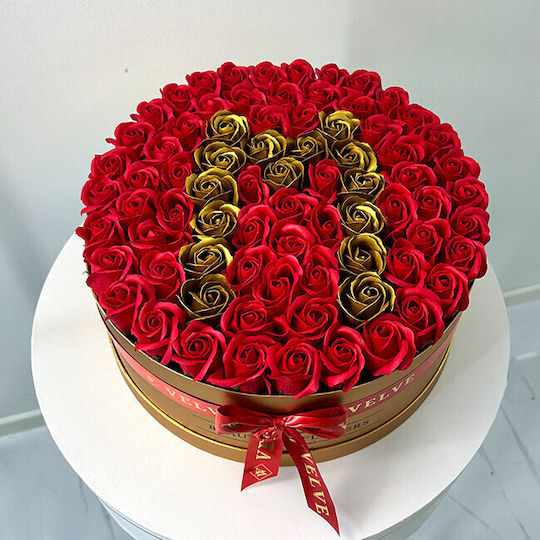 Personalized Floral Arrangement Letter M In A Round Golden Box 55 Soap Roses