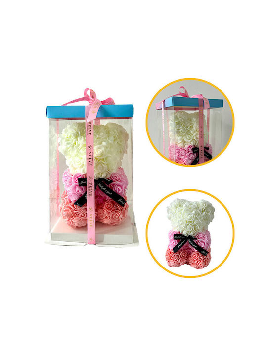 Ursuleț De Pluș Floral Curcubeu Trandafiri Din Spumă Handmade 25 Cm În Cutie Cadou Coral