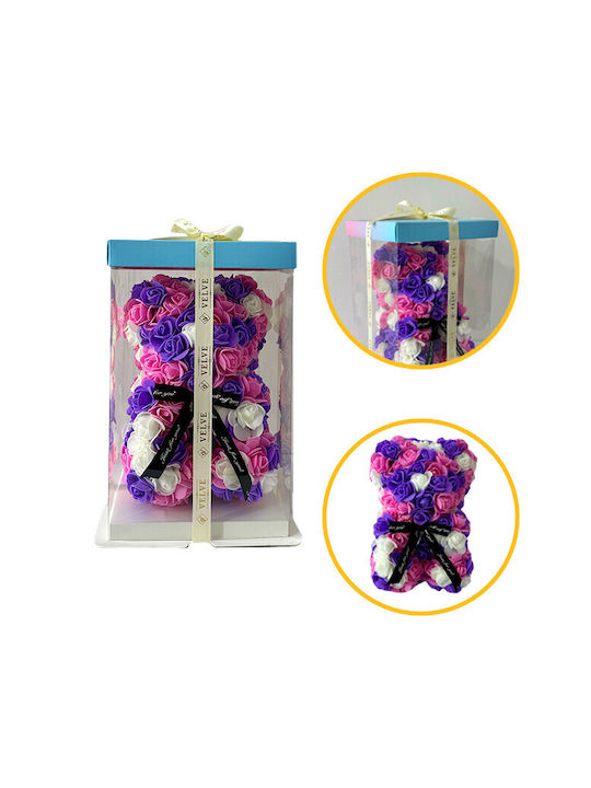 Floral Mosaic Ursuleț Spumă Trandafiri 25 Cm Decorat Manual În Cutie Cadou Mov-Liliachiu-Alb