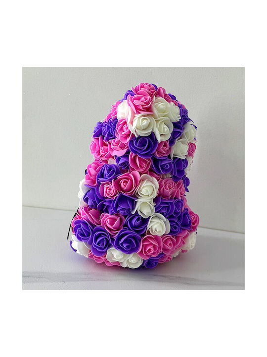 Floral Mosaic Ursuleț Spumă Trandafiri 25 Cm Decorat Manual În Cutie Cadou Mov-Liliachiu-Alb