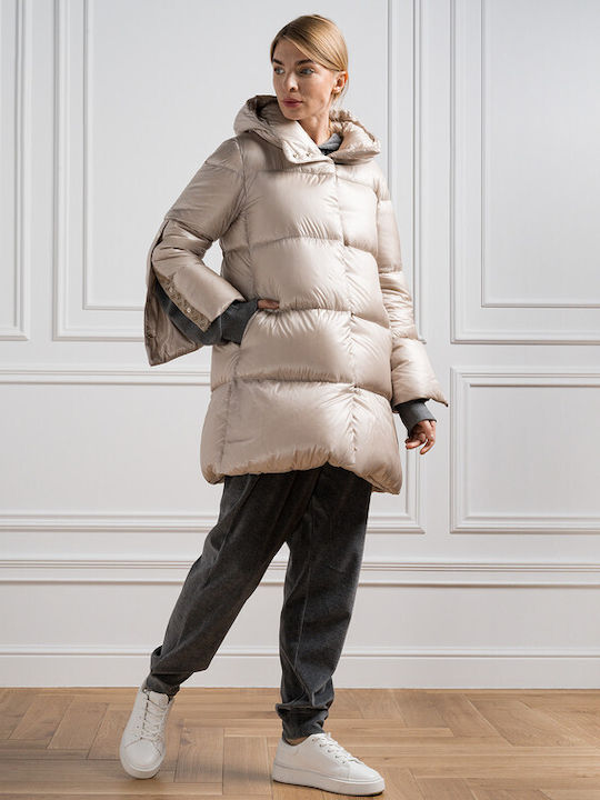 Women's Long Puffer Jacket for Winter with Hood Beige