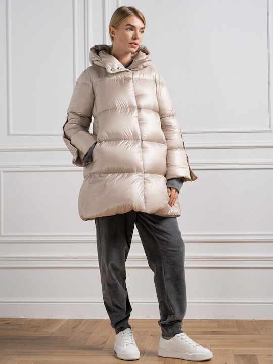 Women's Long Puffer Jacket for Winter with Hood Beige