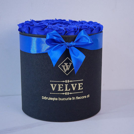Radiance Blumenarrangement in Einer Schwarzen Rundbox 25 Seifenrosen Blau