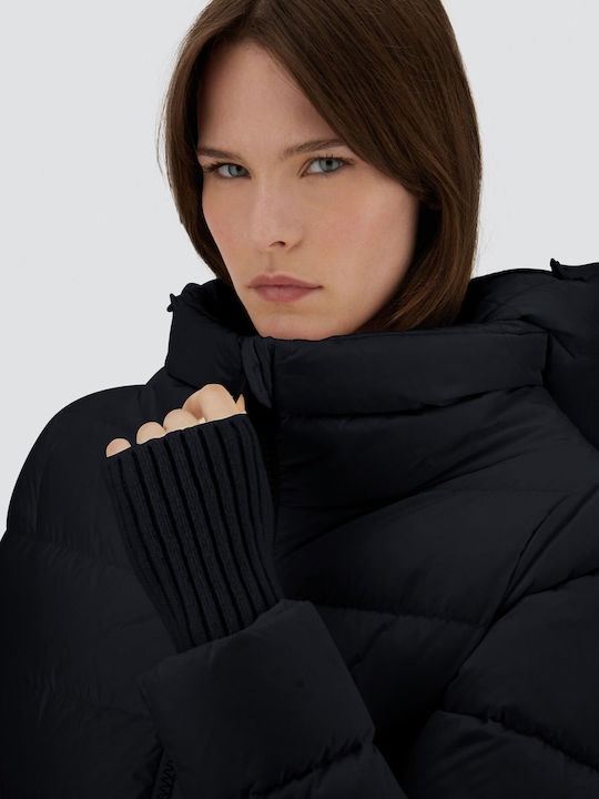 Women's Long Puffer Jacket Waterproof for Winter with Hood Black