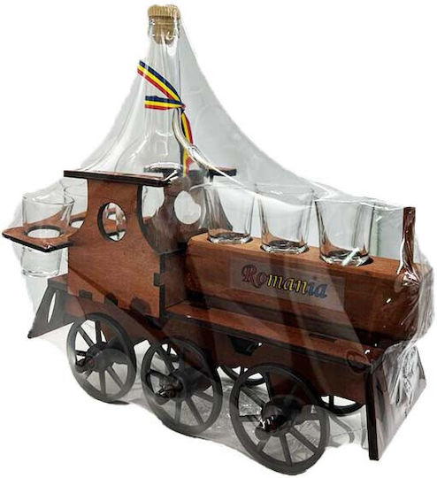Minibar Set Wooden Train-shaped Holder Bottle 6 Glasses Bottega Fume Grappa