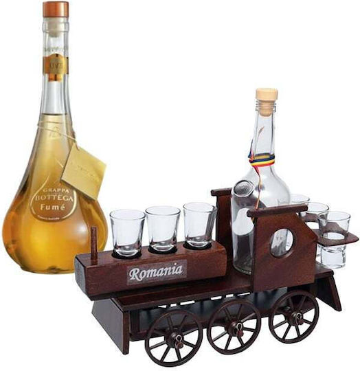 Minibar Set Wooden Train-shaped Holder Bottle 6 Glasses Bottega Fume Grappa