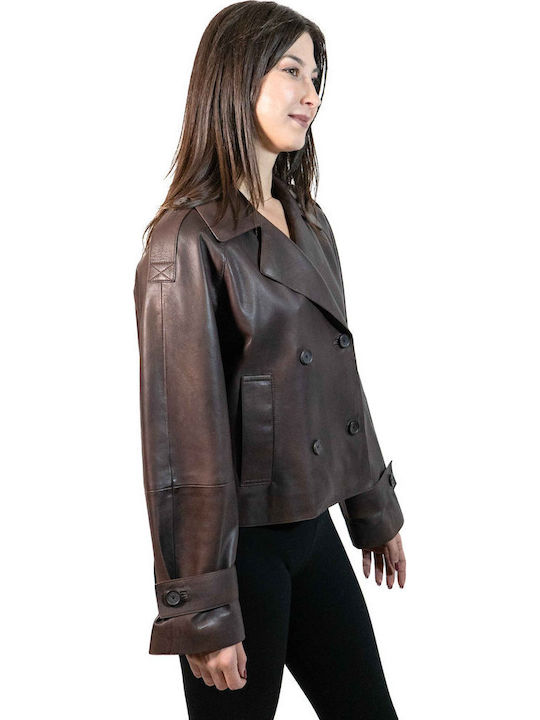 Women's Short Lifestyle Leather Jacket for Winter Brown