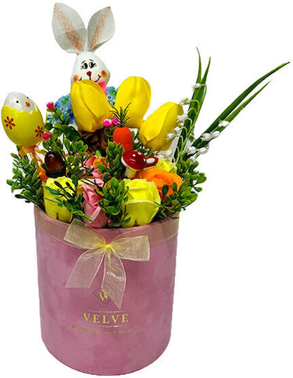 Aranjament Floral De Paște Iepuraș Decorațiune 1 Ou Decorativ Crinul Văii Plante Verzi Artificiale Trandafiri Săpun Lalele În Cutie Rotundă Roz Catifea