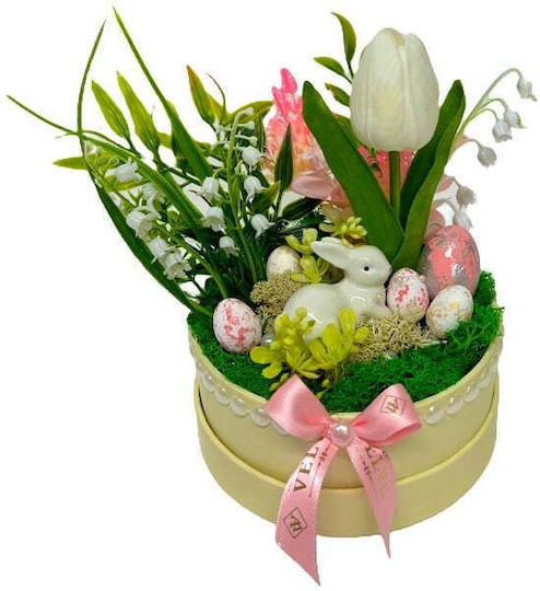 Aranjament Floral De Paște Decorațiune Iepure 5 Ouă Decorative Crin De Vale Lalea Eucalipt Artificial Pe Un Pat De Mușchi Natural Stabilizat În Cutie Rotundă