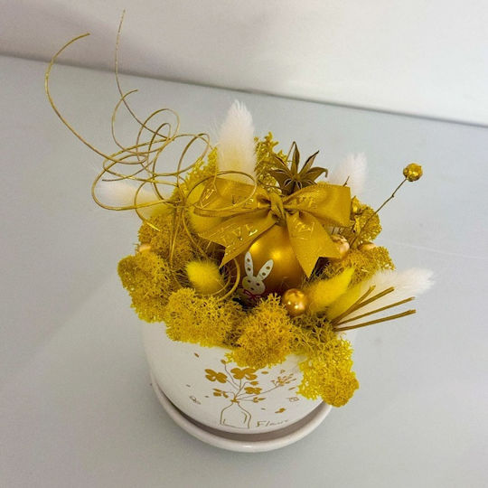 Aranjament Floral Sclipitor În Vază Ceramică În Formă De Cupă Lagurus Licheni Stabilizați Ou Decorativ Plante Handmade Galbene 21 X 7 Cm