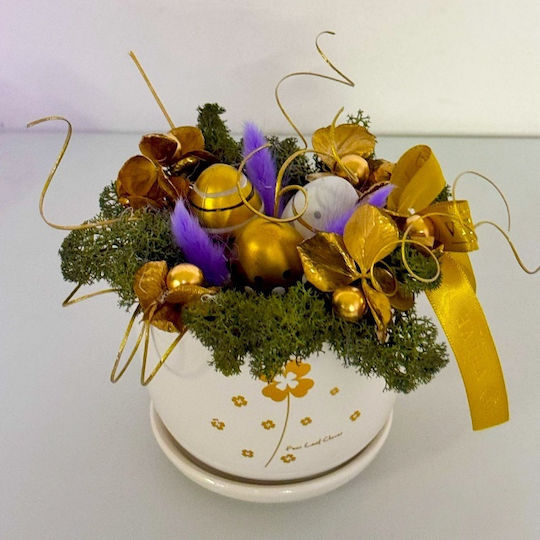 Aranjament Floral Cu Sclipici În Vază Ceramica În Formă De Cupă Lagurus Licheni Stabilizați Ouă Decorative Plante Artizanale Verzi 16 X 7 Cm