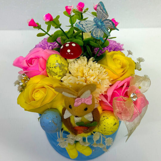 Aranjament Floral De Paște Decorațiune Iepure 3 Ouă Decorative Plante Verzi Trandafiri De Săpun Garofi În Cutie Rotundă Din Catifea Albastră