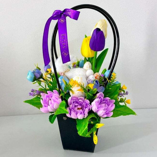 Coș De Flori De Paște Handmade Plante Nuferi Săpun Trandafiri Lalele Decorațiuni De Paște Iepuraș Mov 33cm