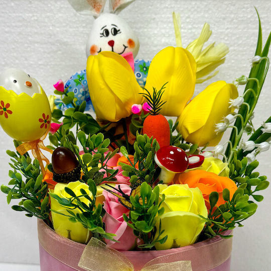 Aranjament Floral De Paște Iepuraș Decorațiune 1 Ou Decorativ Crinul Văii Plante Verzi Artificiale Trandafiri Săpun Lalele În Cutie Rotundă Roz Catifea