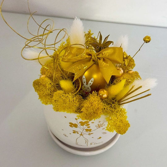 Aranjament Floral Sclipitor În Vază Ceramică În Formă De Cupă Lagurus Licheni Stabilizați Ou Decorativ Plante Handmade Galbene 21 X 7 Cm