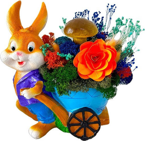 Aranjament Floral Iepuraș Băiat Căruță Iepuraș Mușchi Stabilizat Păstrat Criogenic Mătură Ciupercă Decorațiune Lemn Begonie Albastră