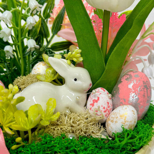 Aranjament Floral De Paște Decorațiune Iepure 5 Ouă Decorative Crin De Vale Lalea Eucalipt Artificial Pe Un Pat De Mușchi Natural Stabilizat În Cutie Rotundă