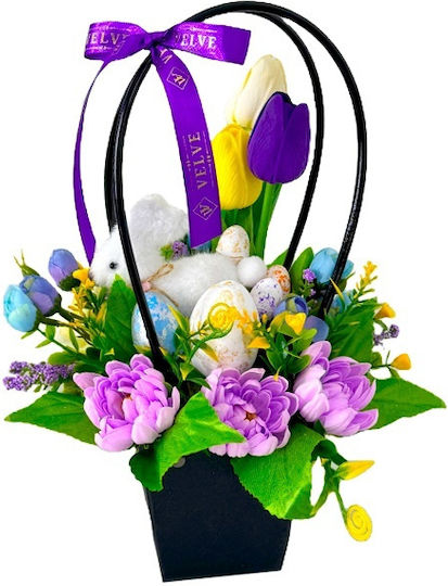 Coș De Flori De Paște Handmade Plante Nuferi Săpun Trandafiri Lalele Decorațiuni De Paște Iepuraș Mov 33cm