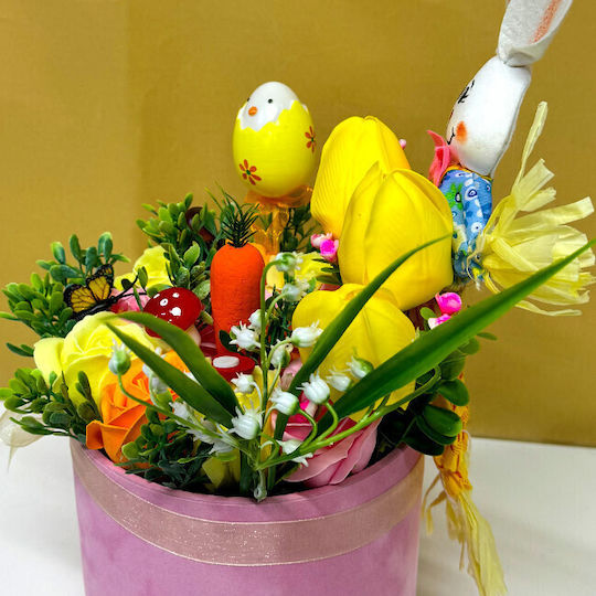 Aranjament Floral De Paște Iepuraș Decorațiune 1 Ou Decorativ Crinul Văii Plante Verzi Artificiale Trandafiri Săpun Lalele În Cutie Rotundă Roz Catifea