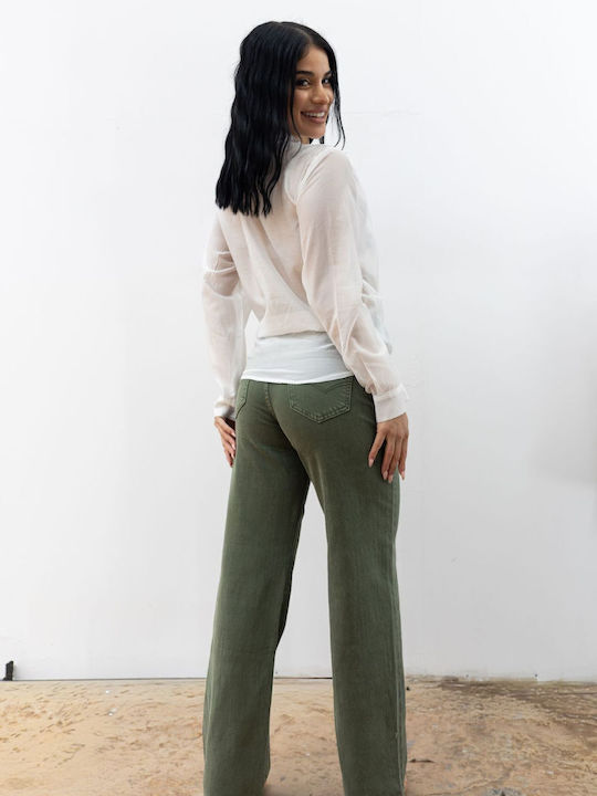 Fashion Ψηλόμεσο Γυναικείο Jean Παντελόνι σε Ίσια Γραμμή Χακί