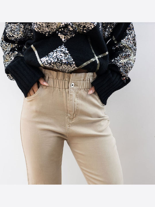 High Waist Women's Jean Trousers Beige