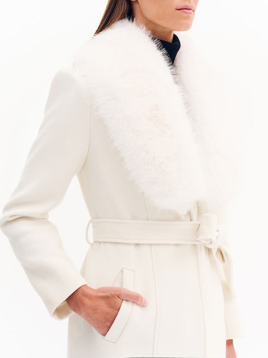 Women's Ecru Coat with Fur Details