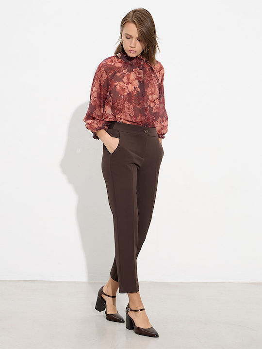 Damen Hoch tailliert Stoff Hose mit Gummizug Brown